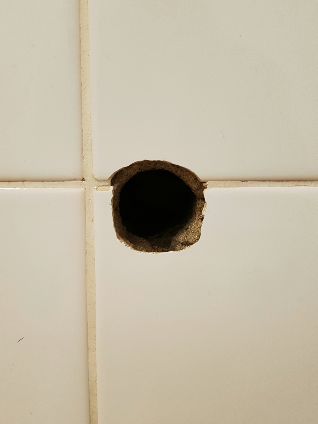 浴室瓷砖墙上一个钻穿的洞,砖缝处破口